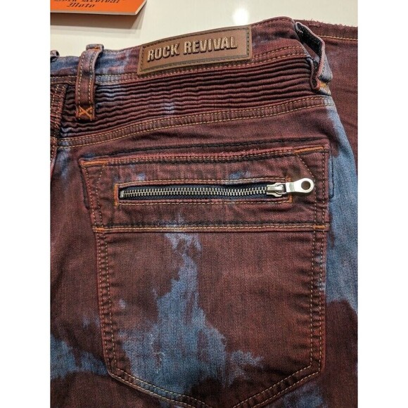Rock Revival Moto Elroy Biker Distressed Jeans Acid Wash Red Blue Mens Size 38 - Picture 7 of 12